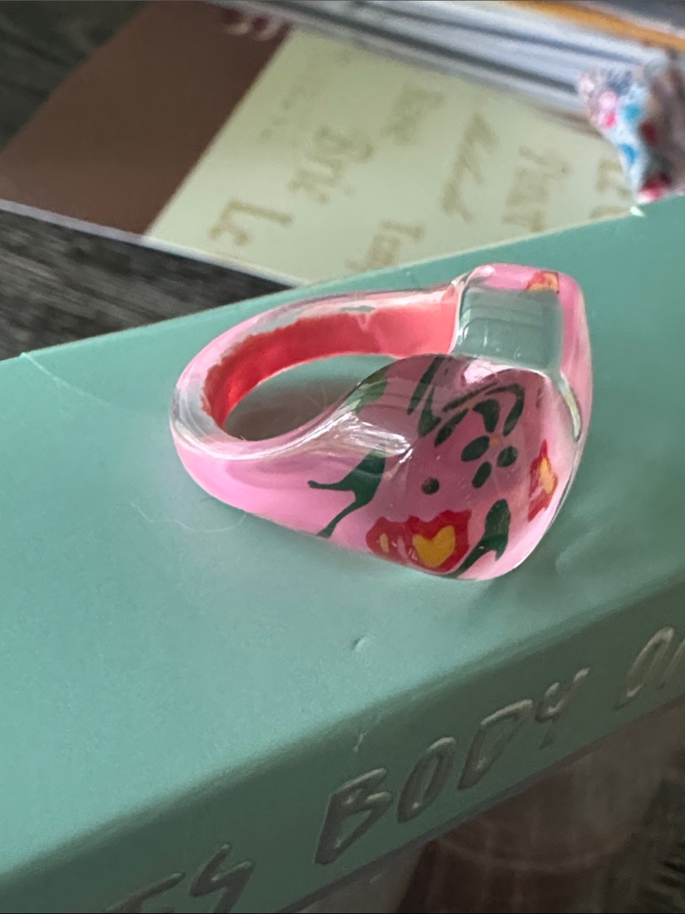 Y2K Hand painted Pink Floral Resin Ring